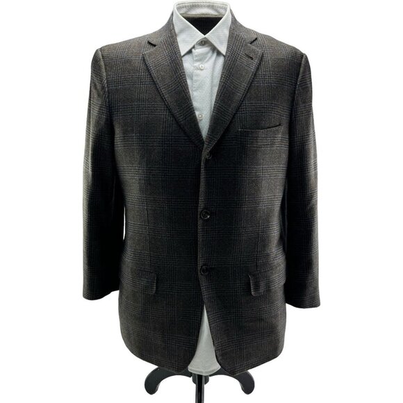Isaia Napoli Brown w/ Black & Blue Check Wool Cashmere 3 Button Blazer Size 42R